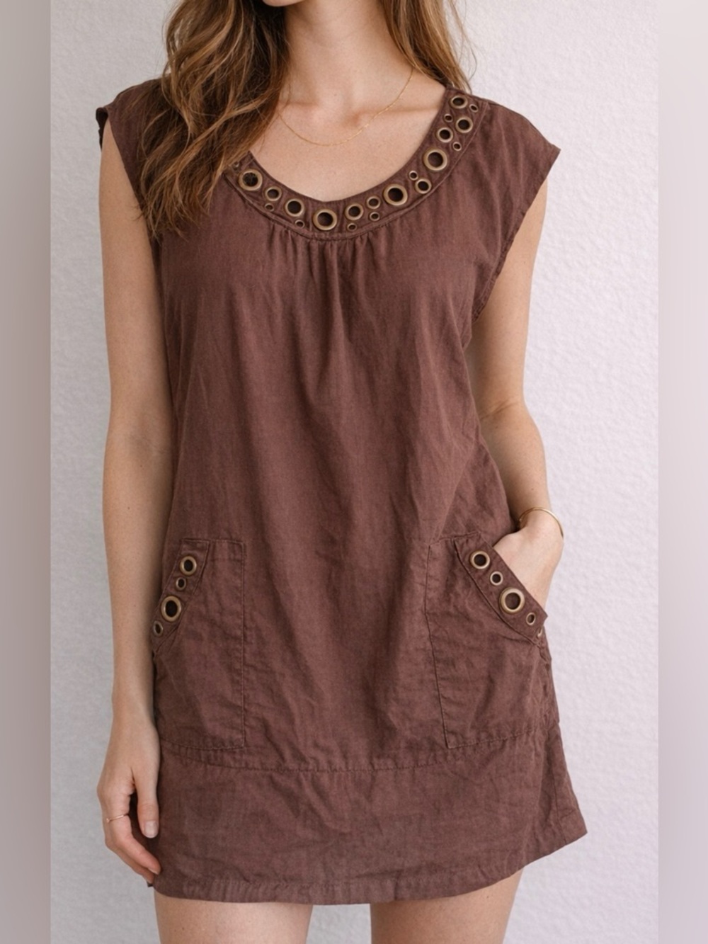 Le Blanc 100% Linen Tunic Top - Mini Dress Brown Eyelet Trim Sleeveless Size M